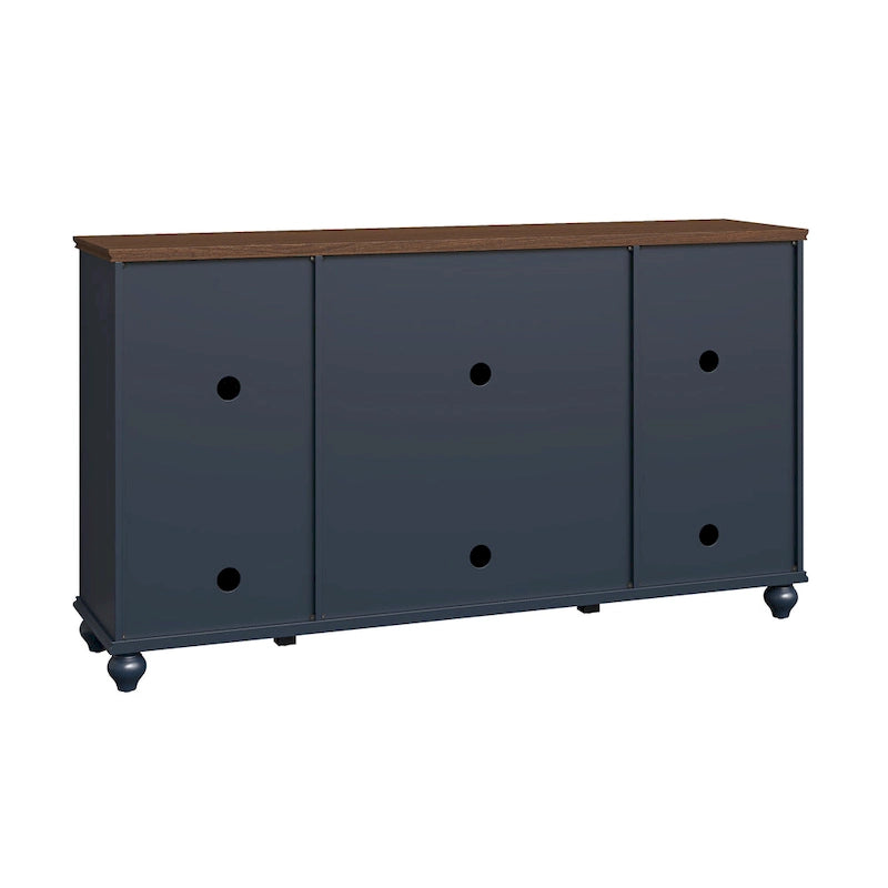 Meuble buffet style vintage, Blanc cassé / Vert / Bleu marine, 3 tiroirs et 4 portes vitrées