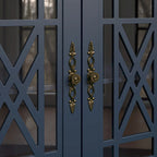 Meuble buffet style vintage, Blanc cassé / Vert / Bleu marine, 3 tiroirs et 4 portes vitrées