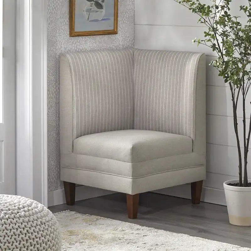 Chaise d'angle style ferme moderne, tissu rayé aspect lin, pieds en noyer, individuelle