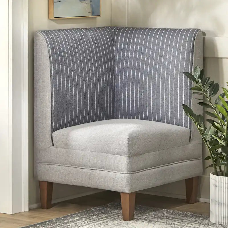 Chaise d'angle style ferme moderne, tissu rayé aspect lin, pieds en noyer, individuelle