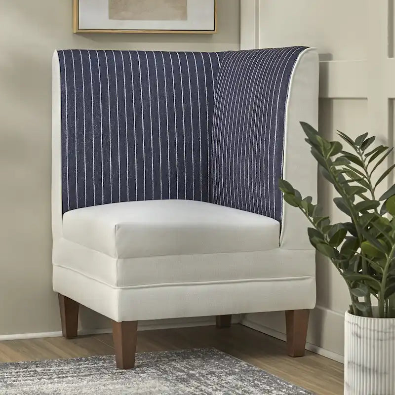 Chaise d'angle style ferme moderne, tissu rayé aspect lin, pieds en noyer, individuelle