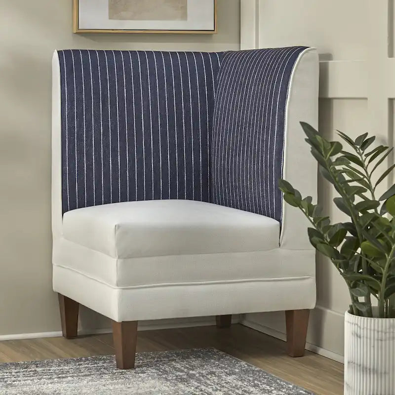 Chaise d'angle style ferme moderne, tissu rayé aspect lin, pieds en noyer, individuelle