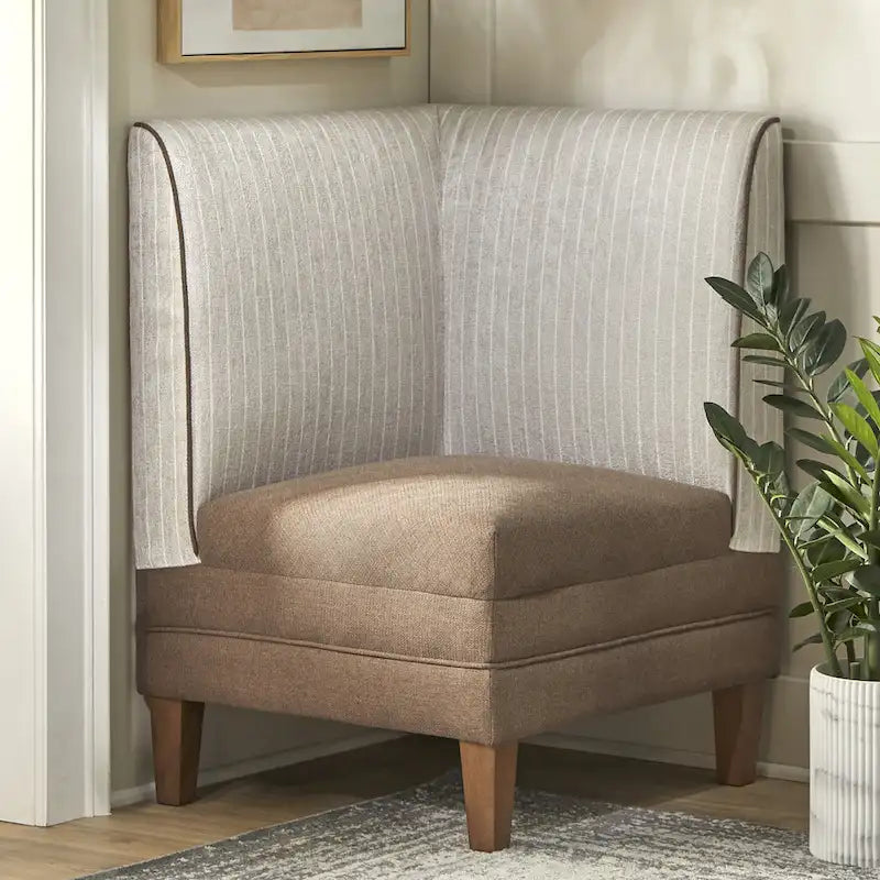 Chaise d'angle style ferme moderne, tissu rayé aspect lin, pieds en noyer, individuelle