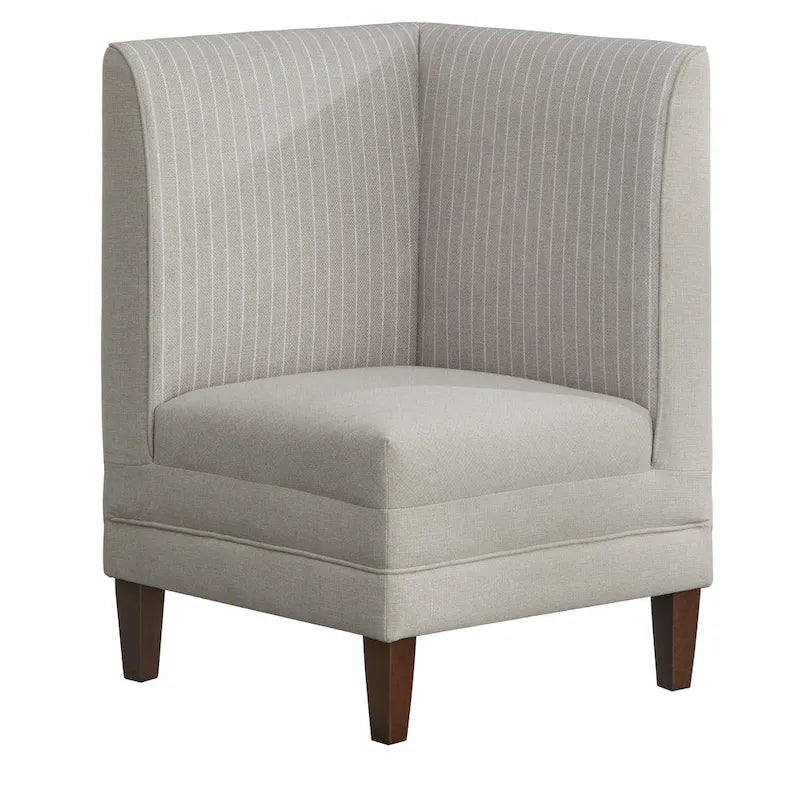 Chaise d'angle style ferme moderne, tissu rayé aspect lin, pieds en noyer, individuelle