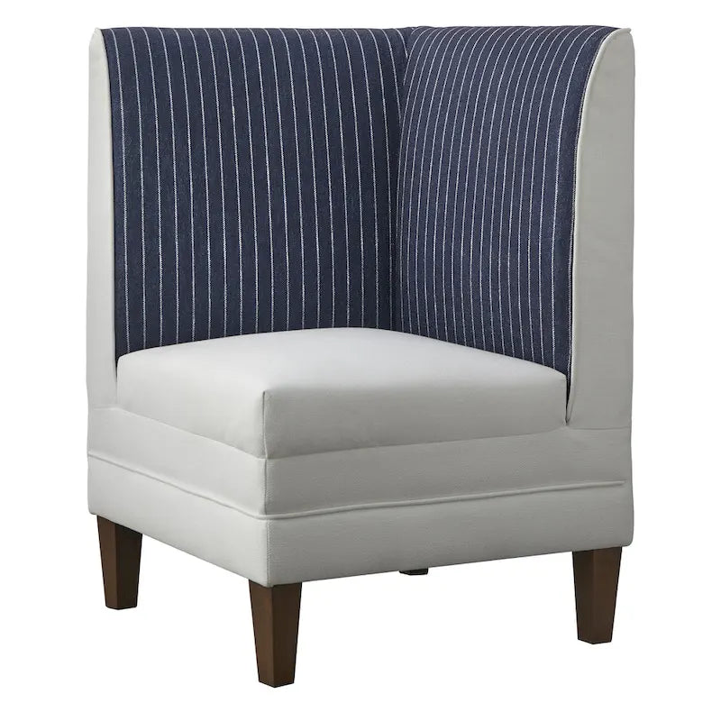 Chaise d'angle style ferme moderne, tissu rayé aspect lin, pieds en noyer, individuelle