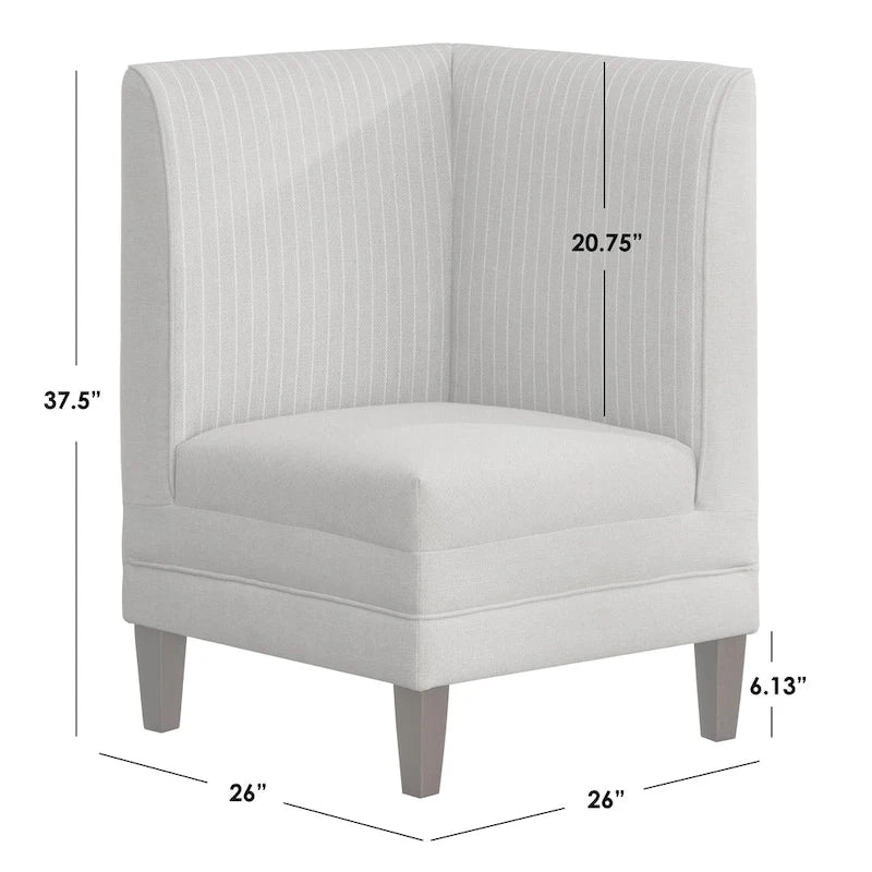 Chaise d'angle style ferme moderne, tissu rayé aspect lin, pieds en noyer, individuelle