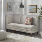 Chaise d'angle style ferme moderne, tissu rayé aspect lin, pieds en noyer, individuelle
