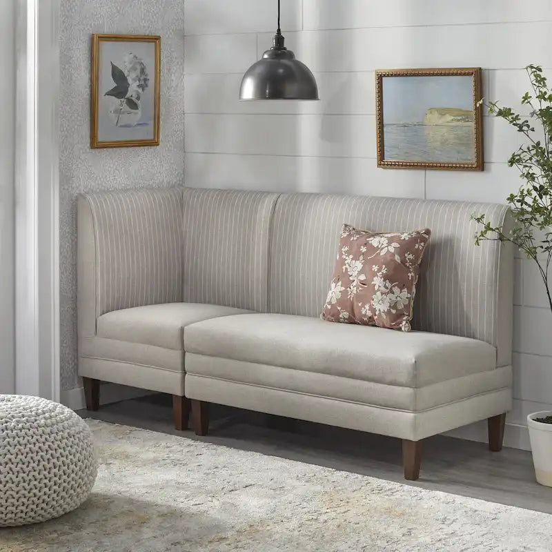 Chaise d'angle style ferme moderne, tissu rayé aspect lin, pieds en noyer, individuelle