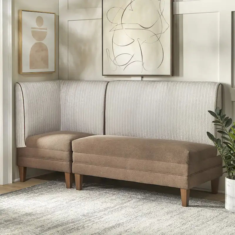 Chaise d'angle style ferme moderne, tissu rayé aspect lin, pieds en noyer, individuelle