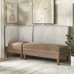 Chaise d'angle style ferme moderne, tissu rayé aspect lin, pieds en noyer, individuelle