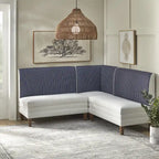 Chaise d'angle style ferme moderne, tissu rayé aspect lin, pieds en noyer, individuelle