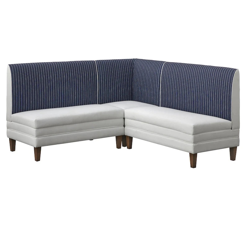 Chaise d'angle style ferme moderne, tissu rayé aspect lin, pieds en noyer, individuelle