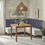 Chaise d'angle style ferme moderne, tissu rayé aspect lin, pieds en noyer, individuelle