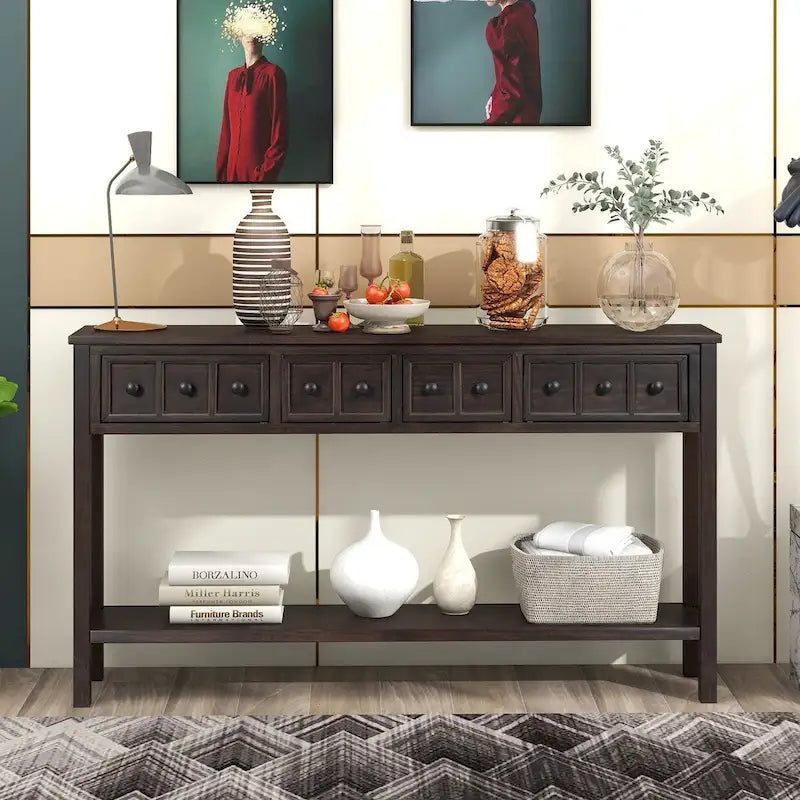 Console rustique avec 4 tiroirs et une étagère inférieure, Espresso / Blanc / Bleu marine / Gris, 152 cm