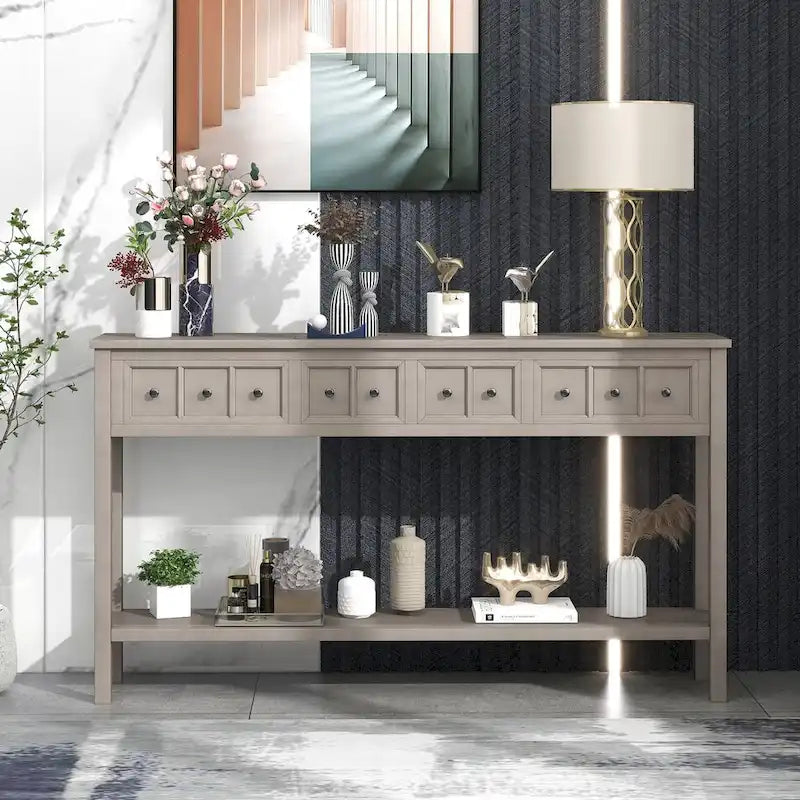 Console rustique avec 4 tiroirs et une étagère inférieure, Espresso / Blanc / Bleu marine / Gris, 152 cm