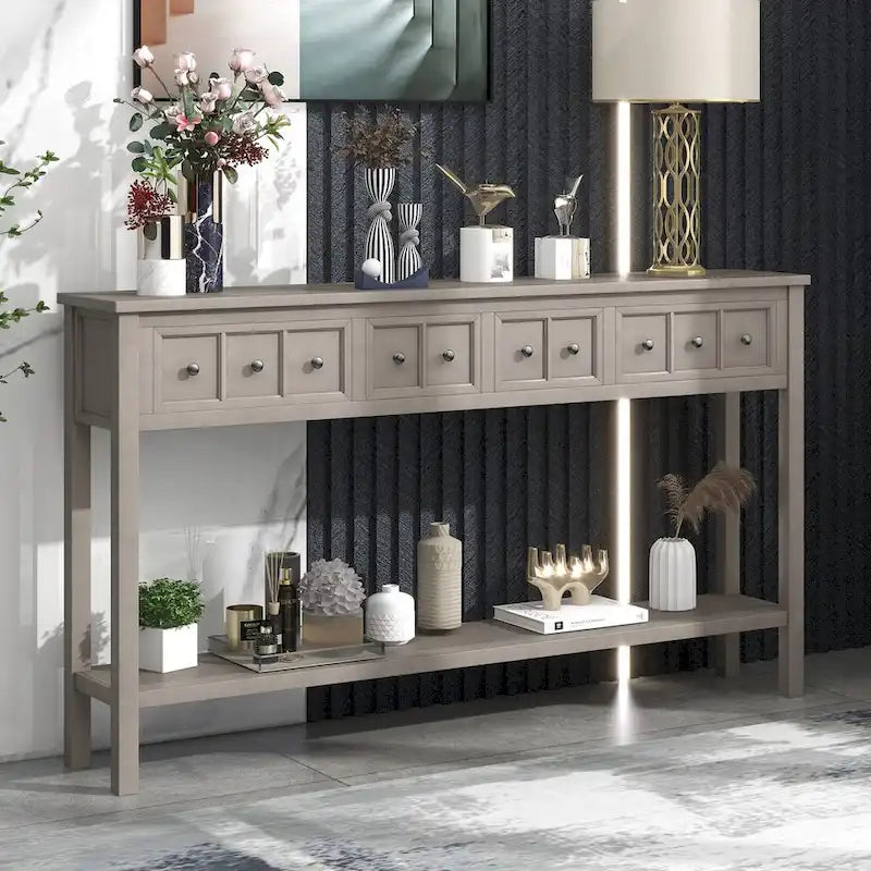 Console rustique avec 4 tiroirs et une étagère inférieure, Espresso / Blanc / Bleu marine / Gris, 152 cm