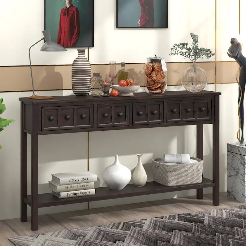 Console rustique avec 4 tiroirs et une étagère inférieure, Espresso / Blanc / Bleu marine / Gris, 152 cm