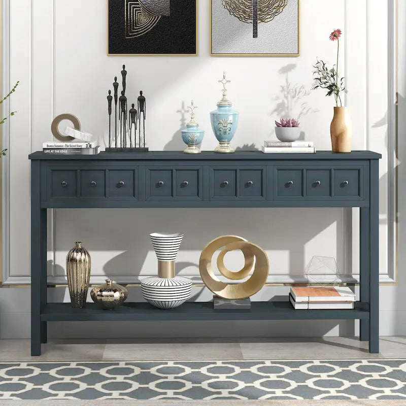Console rustique avec 4 tiroirs et une étagère inférieure, Espresso / Blanc / Bleu marine / Gris, 152 cm