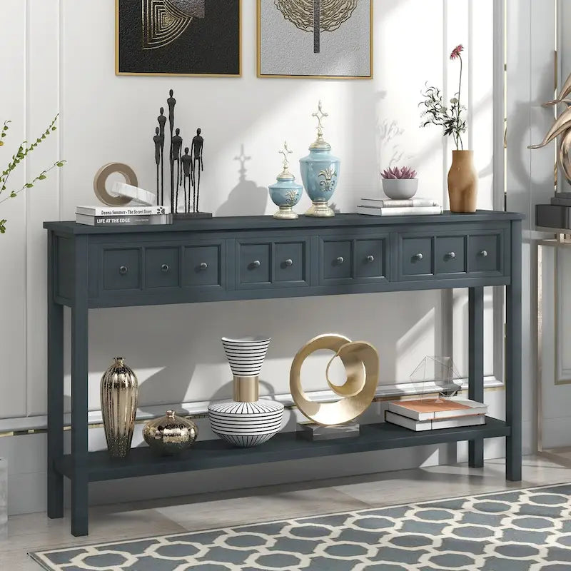 Console rustique avec 4 tiroirs et une étagère inférieure, Espresso / Blanc / Bleu marine / Gris, 152 cm