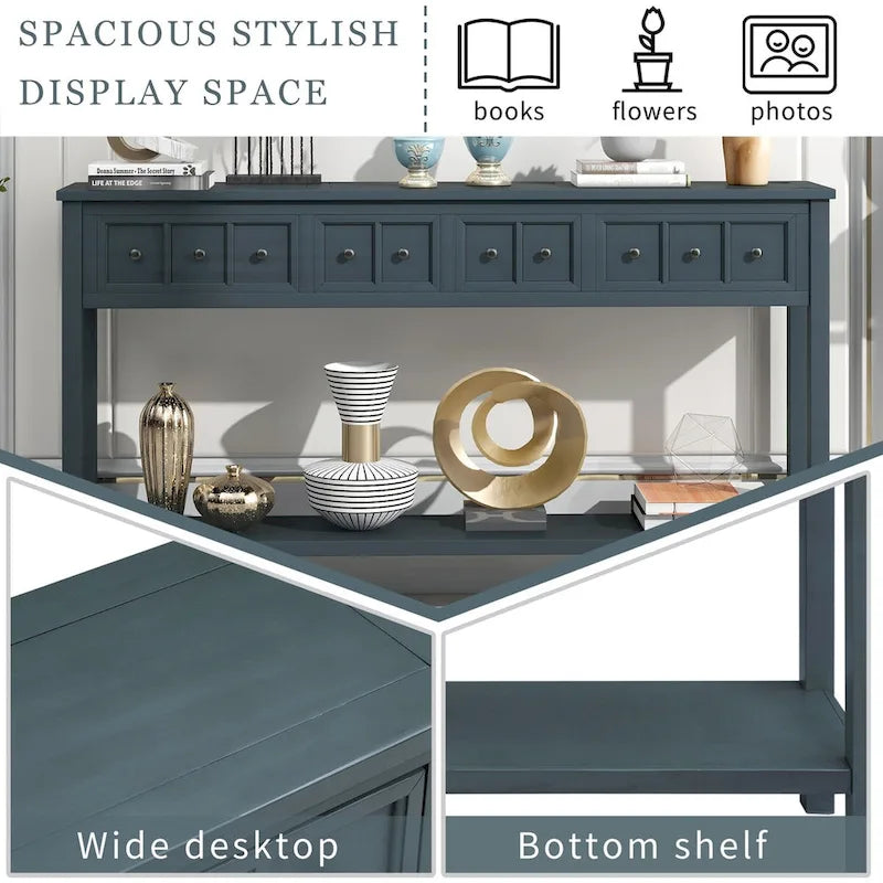 Console rustique avec 4 tiroirs et une étagère inférieure, Espresso / Blanc / Bleu marine / Gris, 152 cm