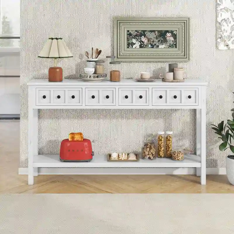 Console rustique avec 4 tiroirs et une étagère inférieure, Espresso / Blanc / Bleu marine / Gris, 152 cm