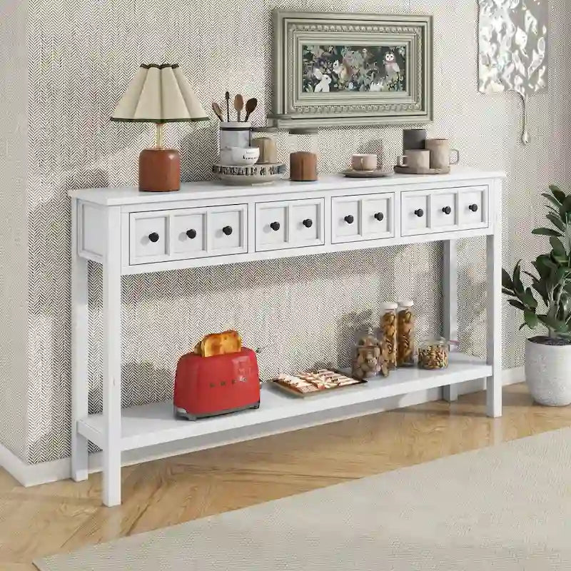 Console rustique avec 4 tiroirs et une étagère inférieure, Espresso / Blanc / Bleu marine / Gris, 152 cm