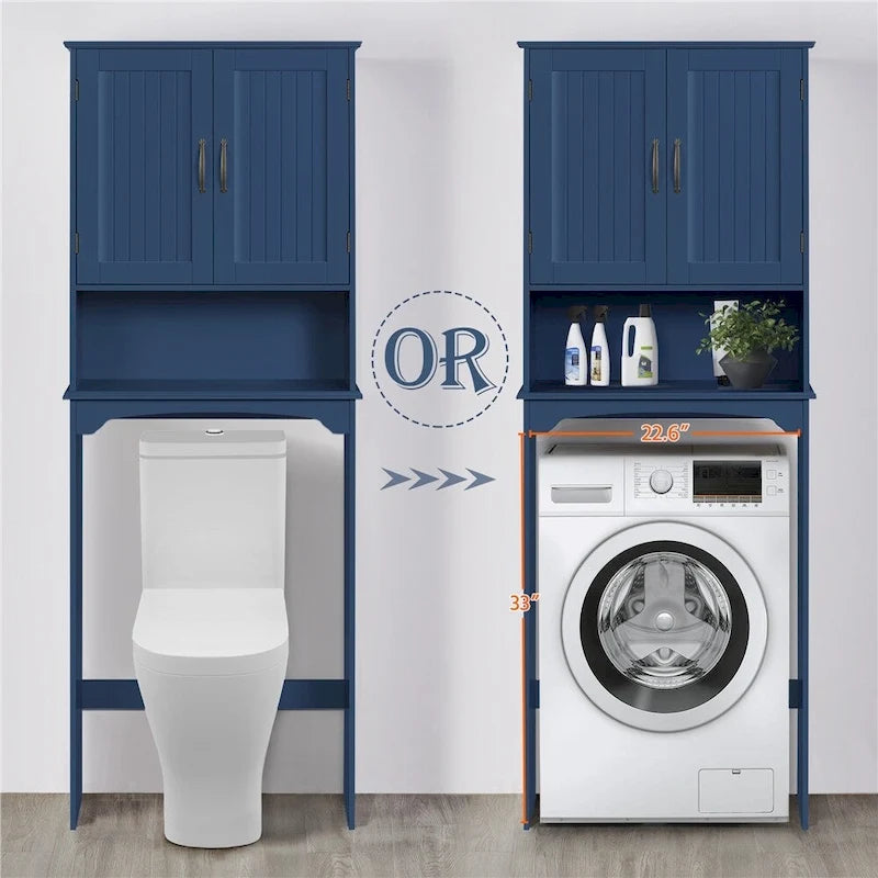 Étagère de rangement sur toilettes avec étagères réglables et porte d'armoire, gris / expresso / bleu marine / blanc