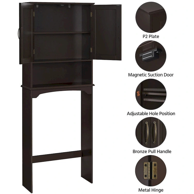 Étagère de rangement sur toilettes avec étagères réglables et porte d'armoire, gris / expresso / bleu marine / blanc