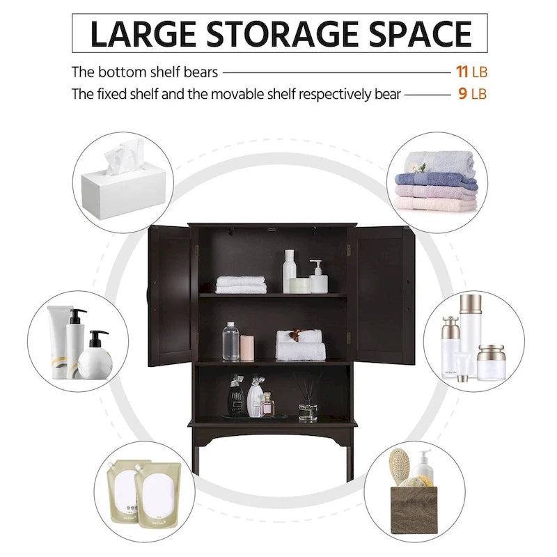 Étagère de rangement sur toilettes avec étagères réglables et porte d'armoire, gris / expresso / bleu marine / blanc