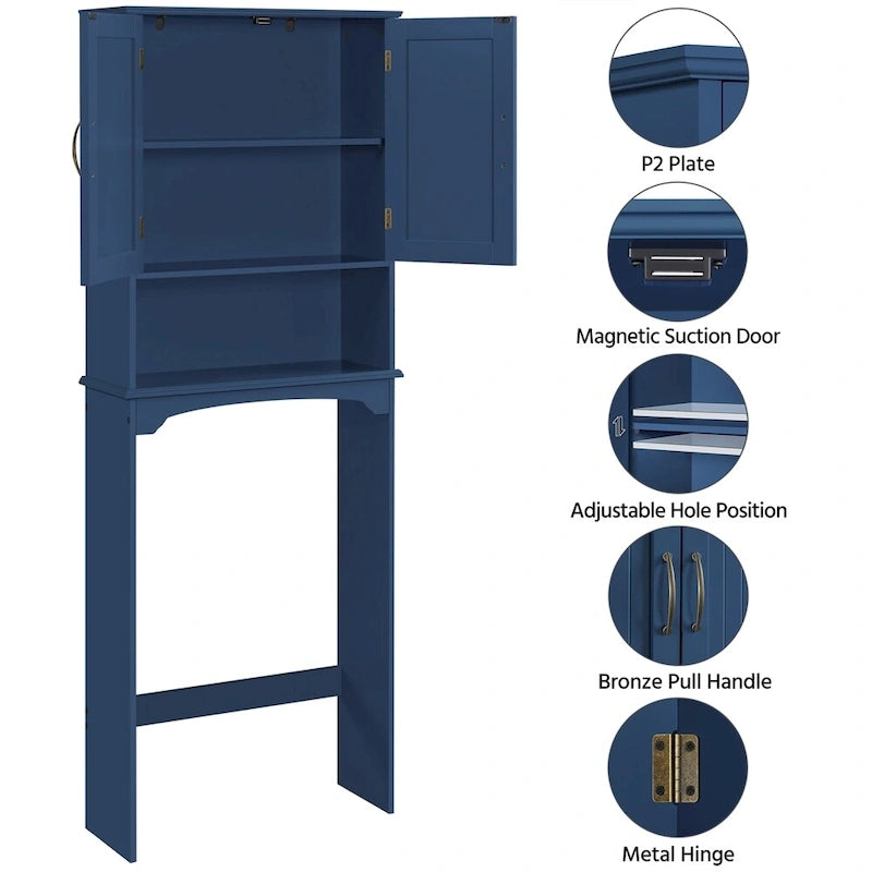 Étagère de rangement sur toilettes avec étagères réglables et porte d'armoire, gris / expresso / bleu marine / blanc