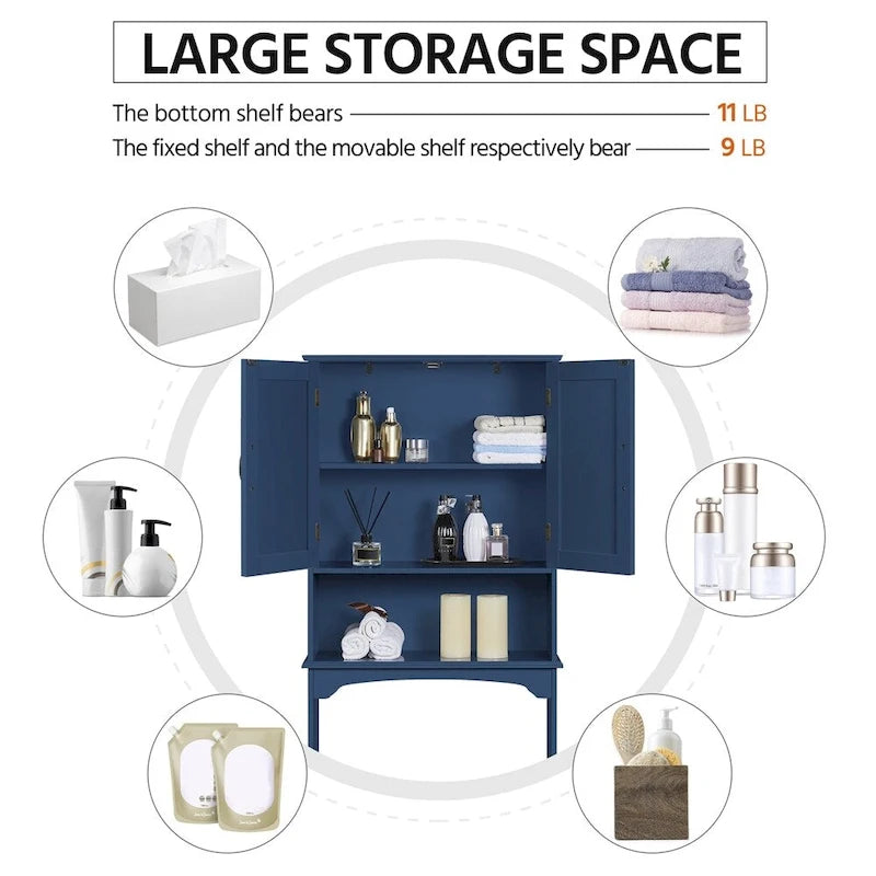 Étagère de rangement sur toilettes avec étagères réglables et porte d'armoire, gris / expresso / bleu marine / blanc