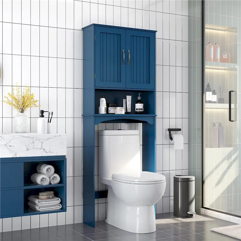 Étagère de rangement sur toilettes avec étagères réglables et porte d'armoire, gris / expresso / bleu marine / blanc