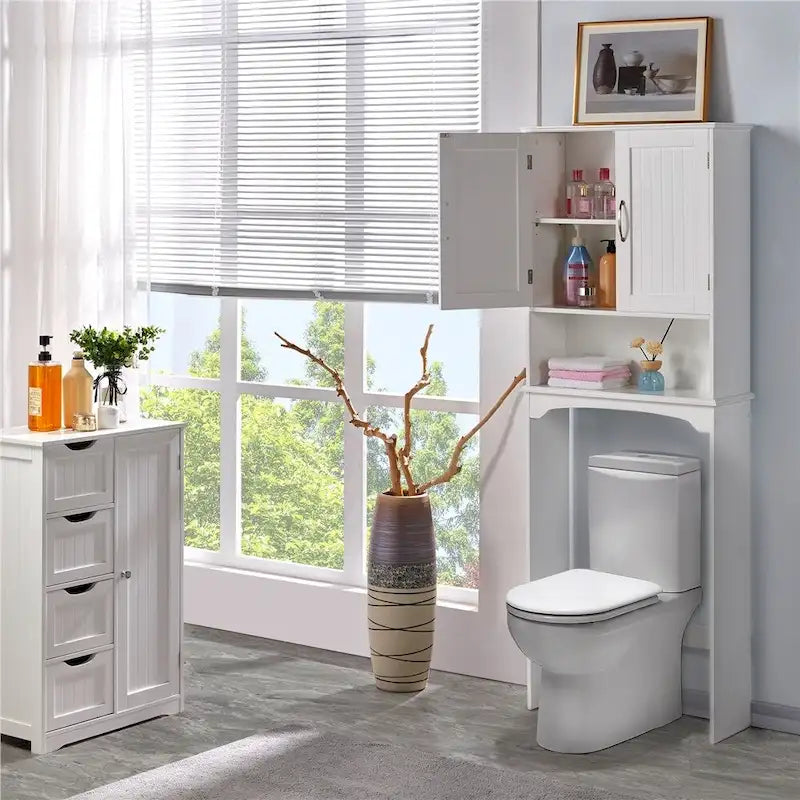 Étagère de rangement sur toilettes avec étagères réglables et porte d'armoire, gris / expresso / bleu marine / blanc