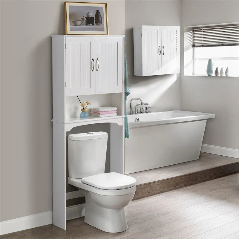 Étagère de rangement sur toilettes avec étagères réglables et porte d'armoire, gris / expresso / bleu marine / blanc