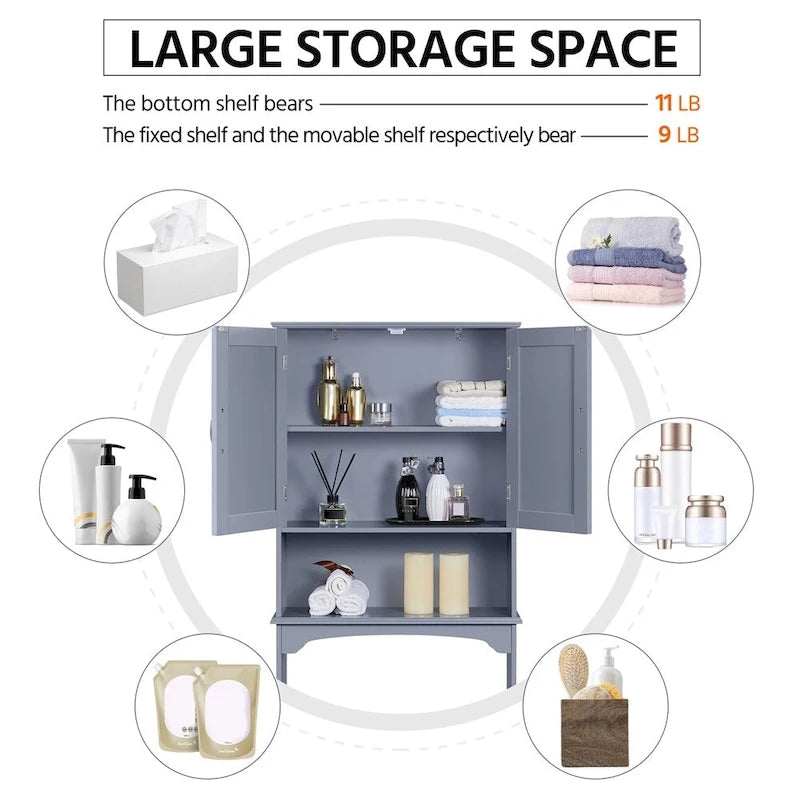 Étagère de rangement sur toilettes avec étagères réglables et porte d'armoire, gris / expresso / bleu marine / blanc