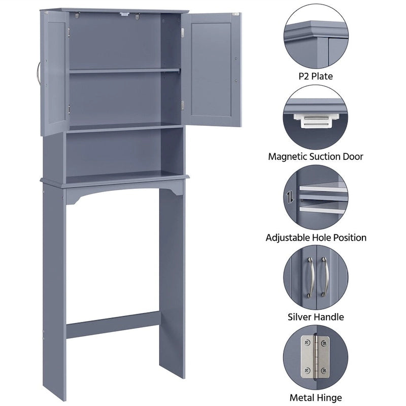 Étagère de rangement sur toilettes avec étagères réglables et porte d'armoire, gris / expresso / bleu marine / blanc