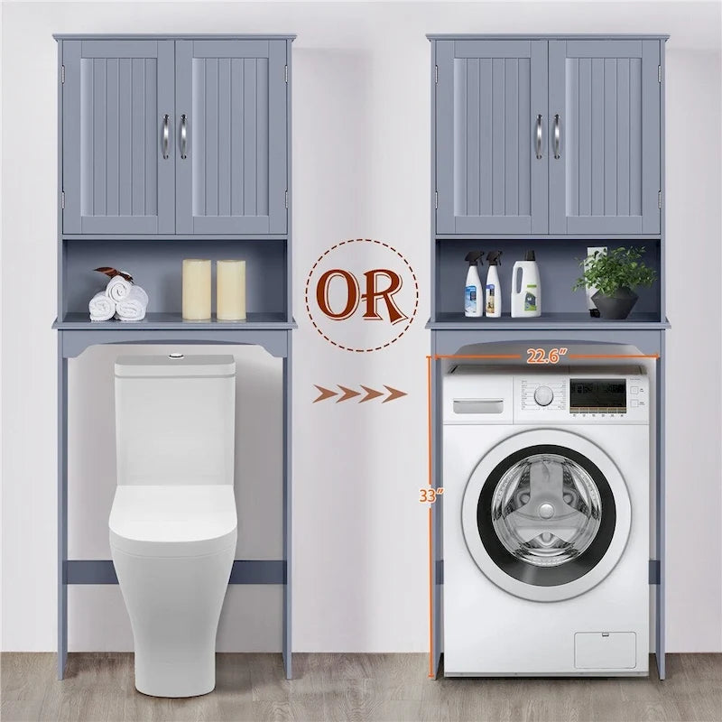 Étagère de rangement sur toilettes avec étagères réglables et porte d'armoire, gris / expresso / bleu marine / blanc