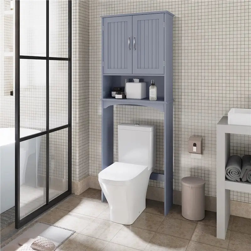 Étagère de rangement sur toilettes avec étagères réglables et porte d'armoire, gris / expresso / bleu marine / blanc