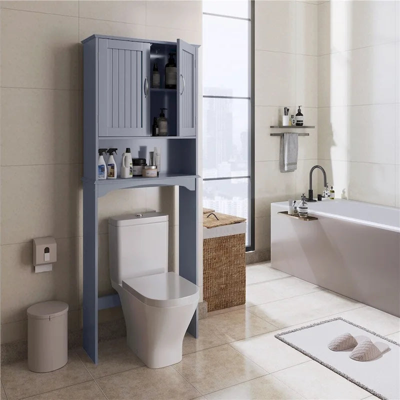 Étagère de rangement sur toilettes avec étagères réglables et porte d'armoire, gris / expresso / bleu marine / blanc