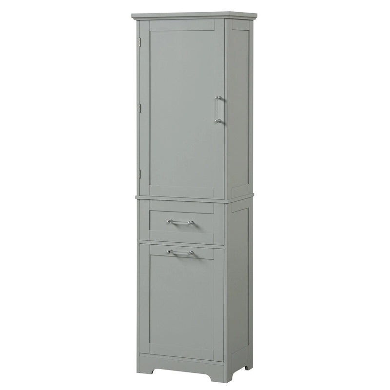 Armoire haute en lin gris / blanc / noir avec 2 tiroirs, étagère réglable et dispositif anti-basculement mural