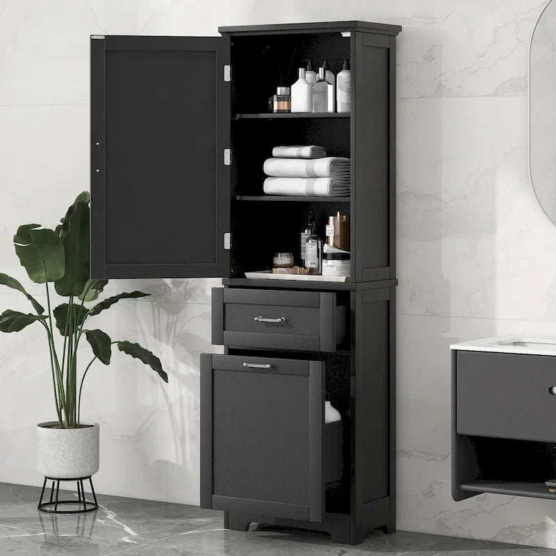 Armoire haute en lin gris / blanc / noir avec 2 tiroirs, étagère réglable et dispositif anti-basculement mural