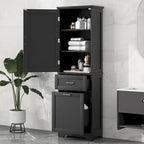 Armoire haute en lin gris / blanc / noir avec 2 tiroirs, étagère réglable et dispositif anti-basculement mural