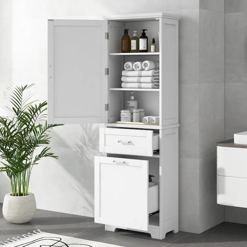 Armoire haute en lin gris / blanc / noir avec 2 tiroirs, étagère réglable et dispositif anti-basculement mural