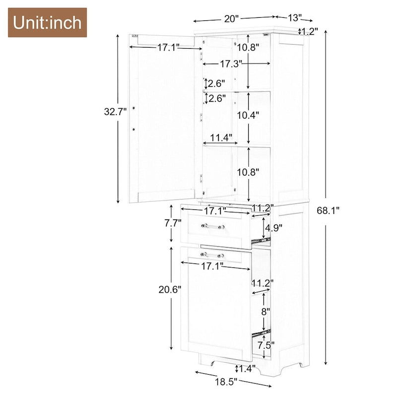 Armoire haute en lin gris / blanc / noir avec 2 tiroirs, étagère réglable et dispositif anti-basculement mural