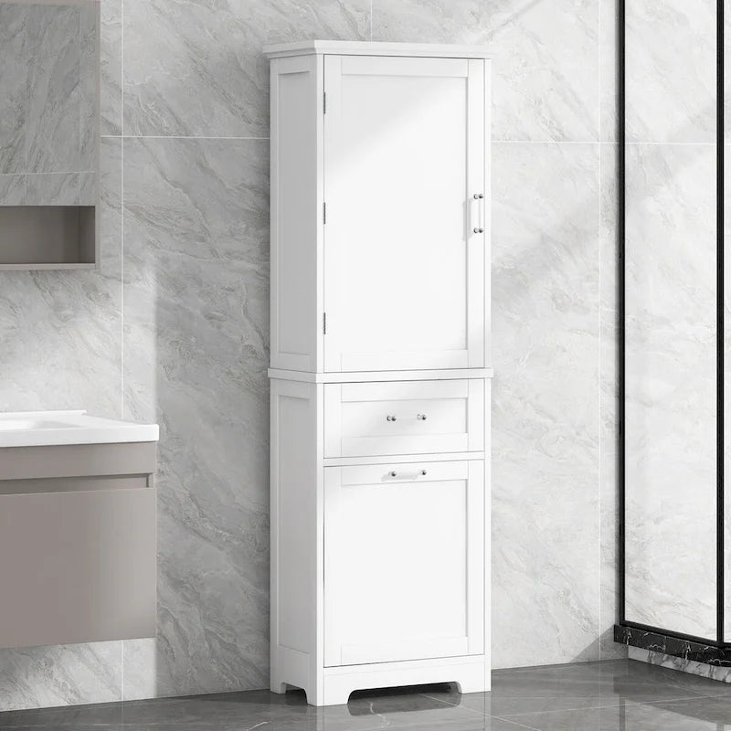 Armoire haute en lin gris / blanc / noir avec 2 tiroirs, étagère réglable et dispositif anti-basculement mural