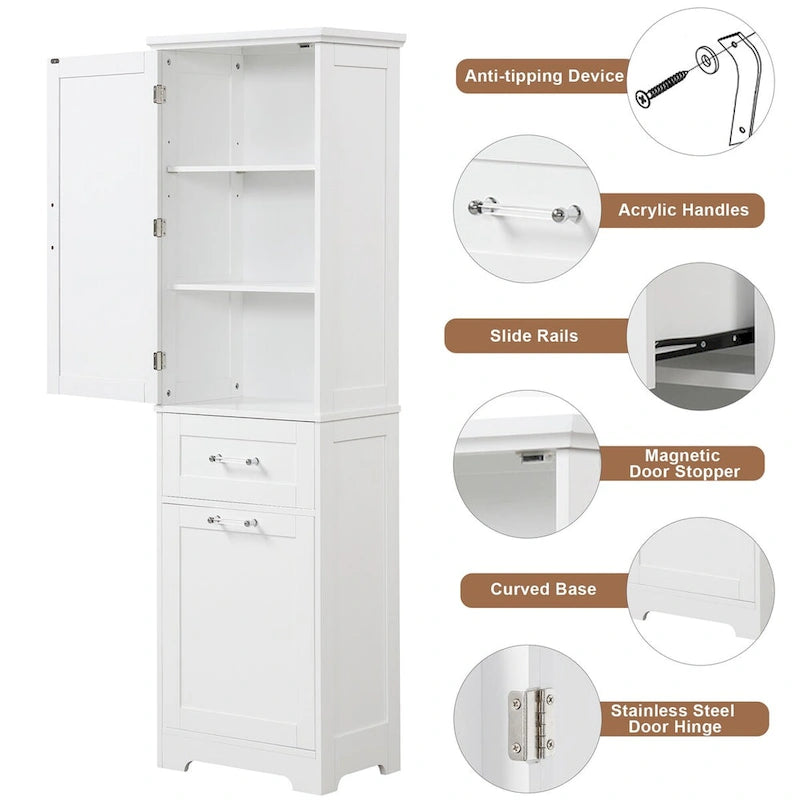 Armoire haute en lin gris / blanc / noir avec 2 tiroirs, étagère réglable et dispositif anti-basculement mural