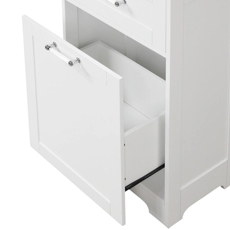 Armoire haute en lin gris / blanc / noir avec 2 tiroirs, étagère réglable et dispositif anti-basculement mural