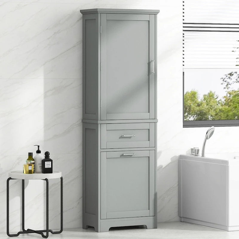 Armoire haute en lin gris / blanc / noir avec 2 tiroirs, étagère réglable et dispositif anti-basculement mural