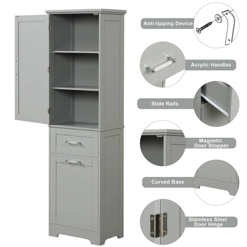 Armoire haute en lin gris / blanc / noir avec 2 tiroirs, étagère réglable et dispositif anti-basculement mural