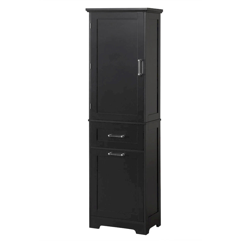 Armoire haute en lin gris / blanc / noir avec 2 tiroirs, étagère réglable et dispositif anti-basculement mural